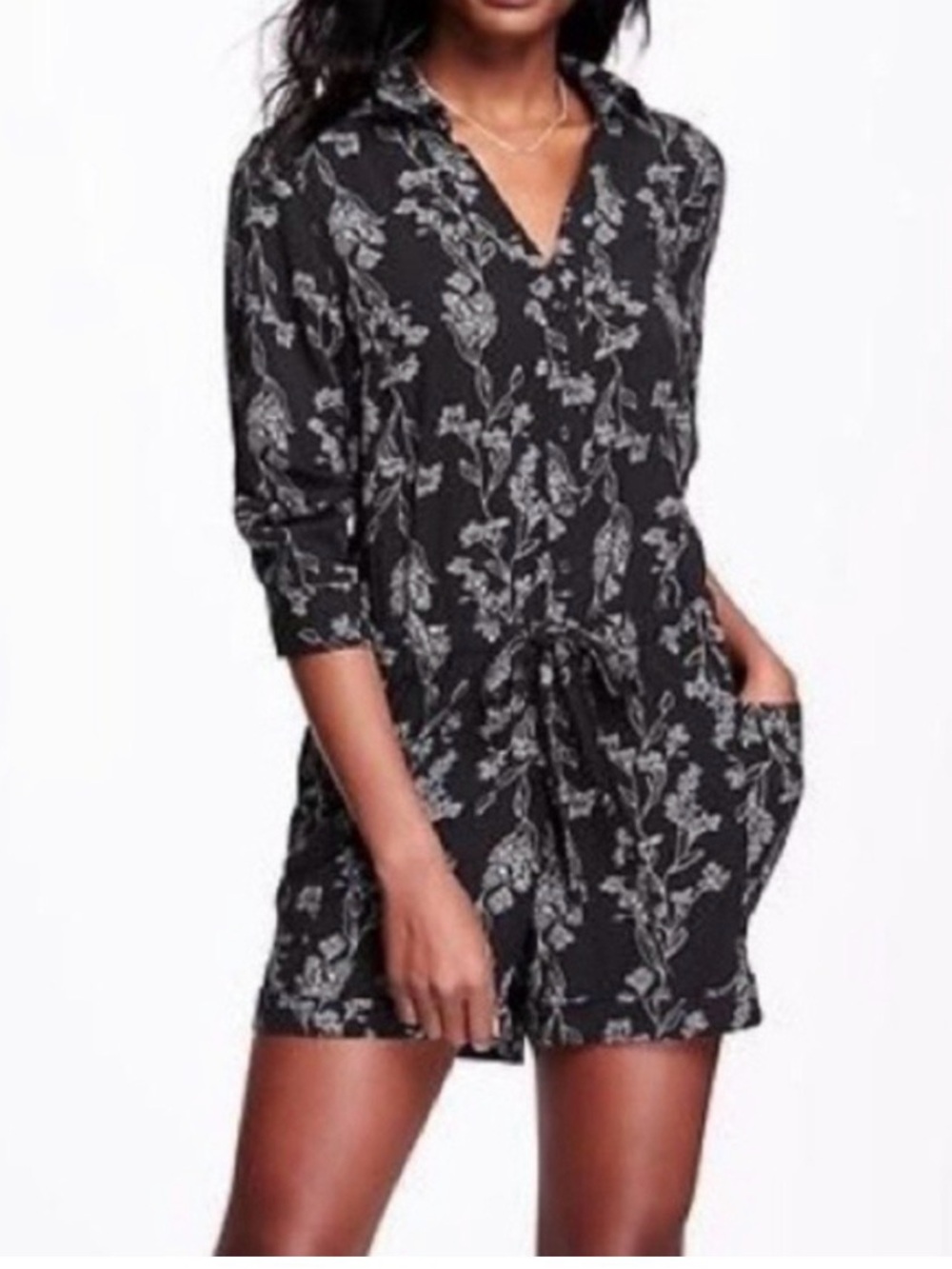 Black Floral Drawstring Romper jumpsuit